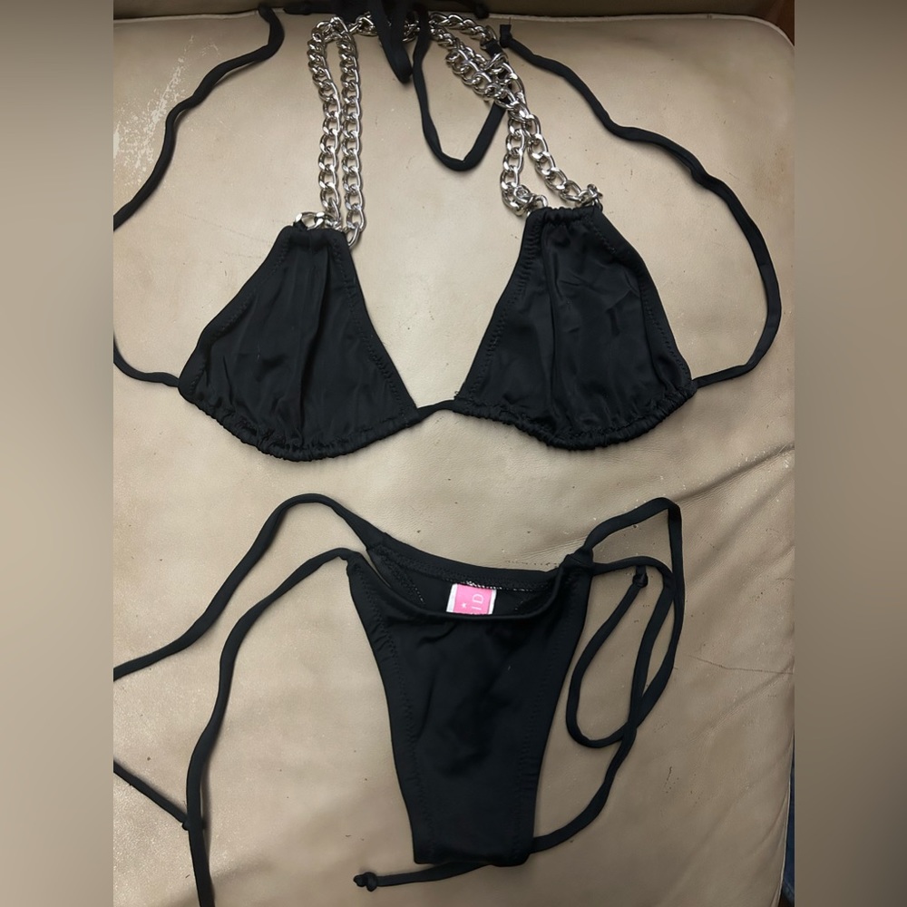 NWOT Sexy Handmade Biker Chic Rock N Roll Tri-Top Tie-Side Bottom Thong Bikini